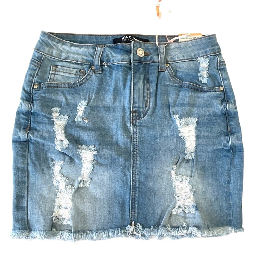 Wax Jean Skirt Sz S Women's Distressed Stretch Denim Mini Blue NEW with Tags